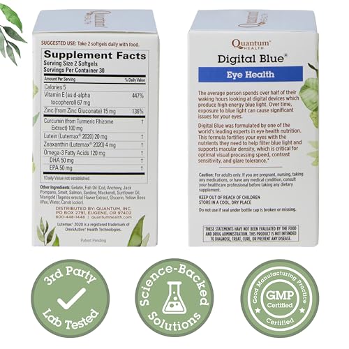 Quantum Digital Blue: etiqueta frontal que resalta ingredientes clave.