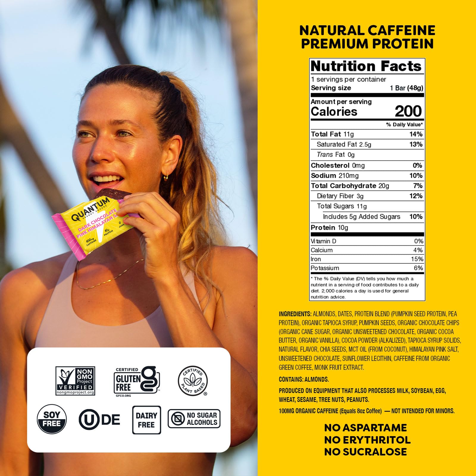 Quantum Energy Squares, chocolate negro con sal rosa del Himalaya para snack premium.