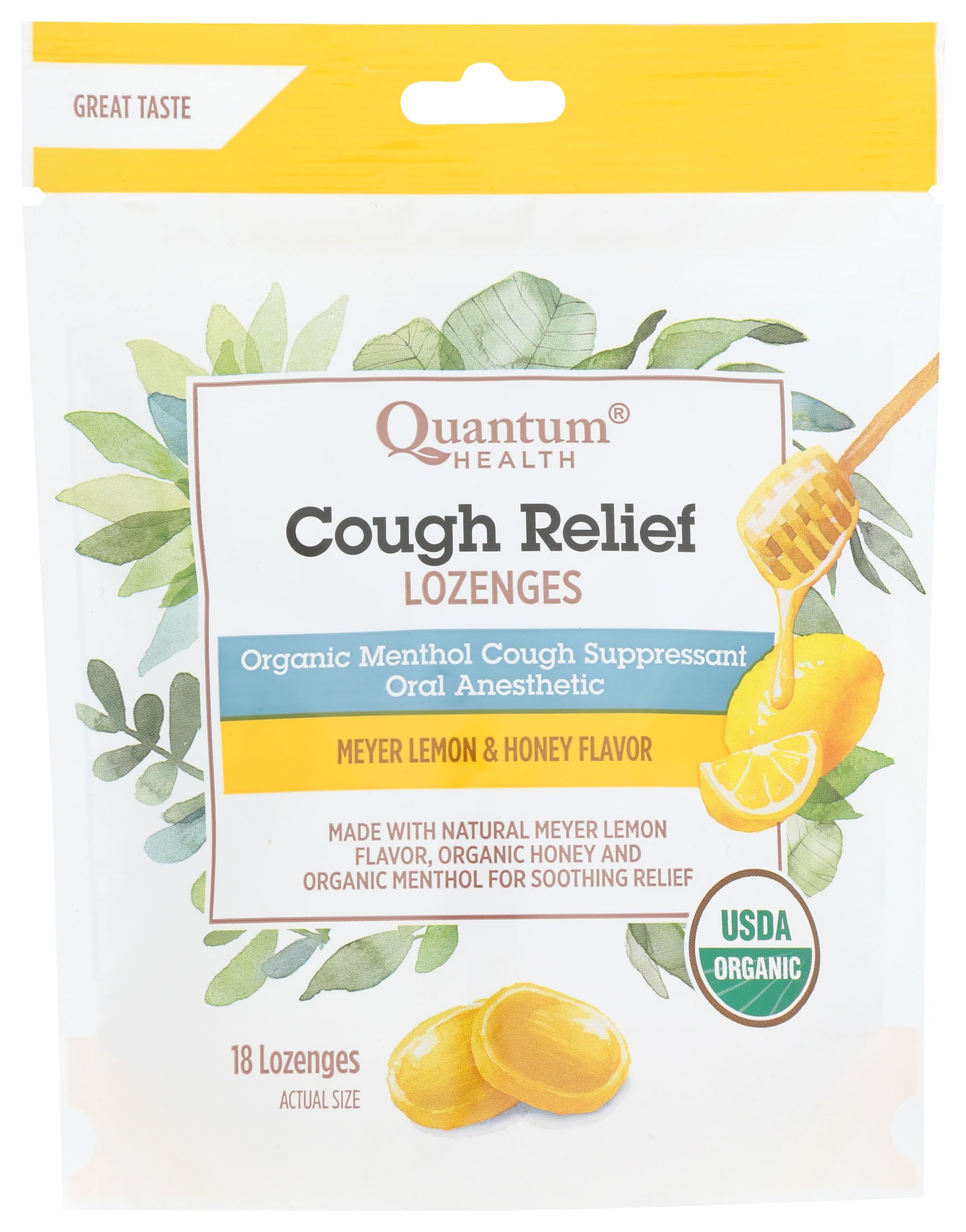 Pastillas Quantum Health Meyer Lemon con Miel, envase visible, aroma cítrico suave.