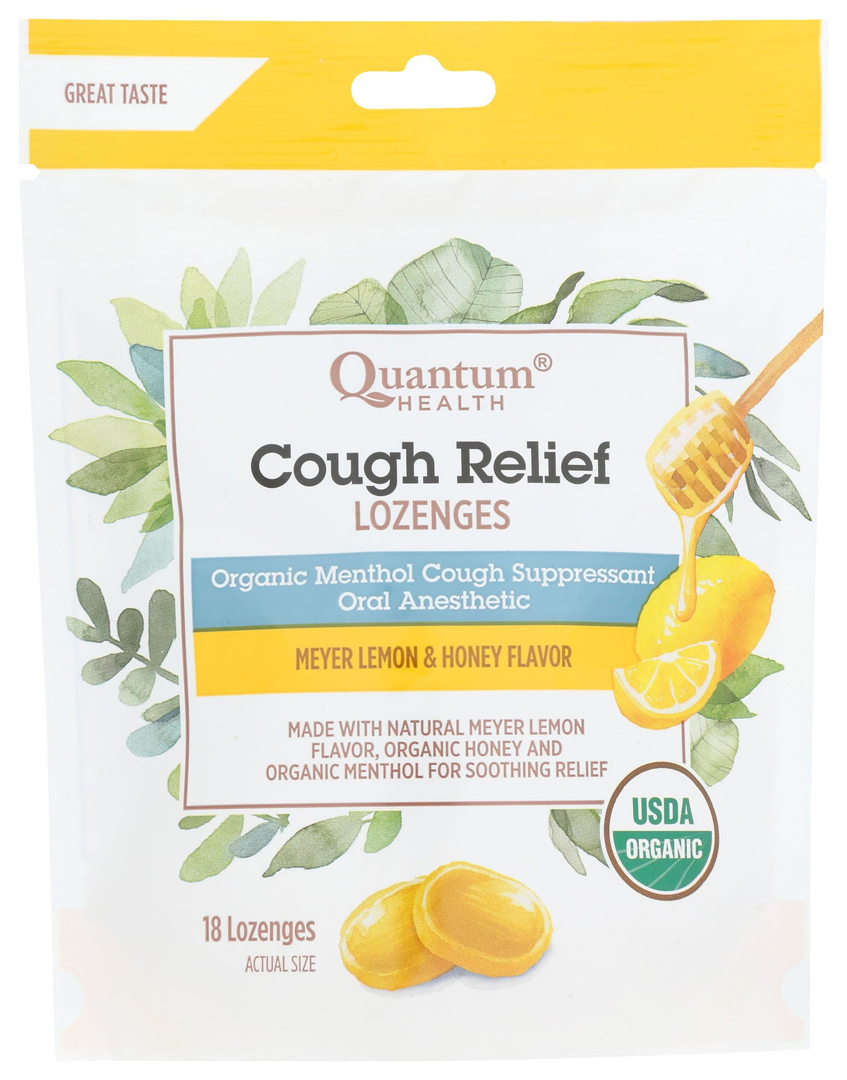 Pastillas Quantum Health Meyer Lemon con Miel, envase visible, aroma cítrico suave.