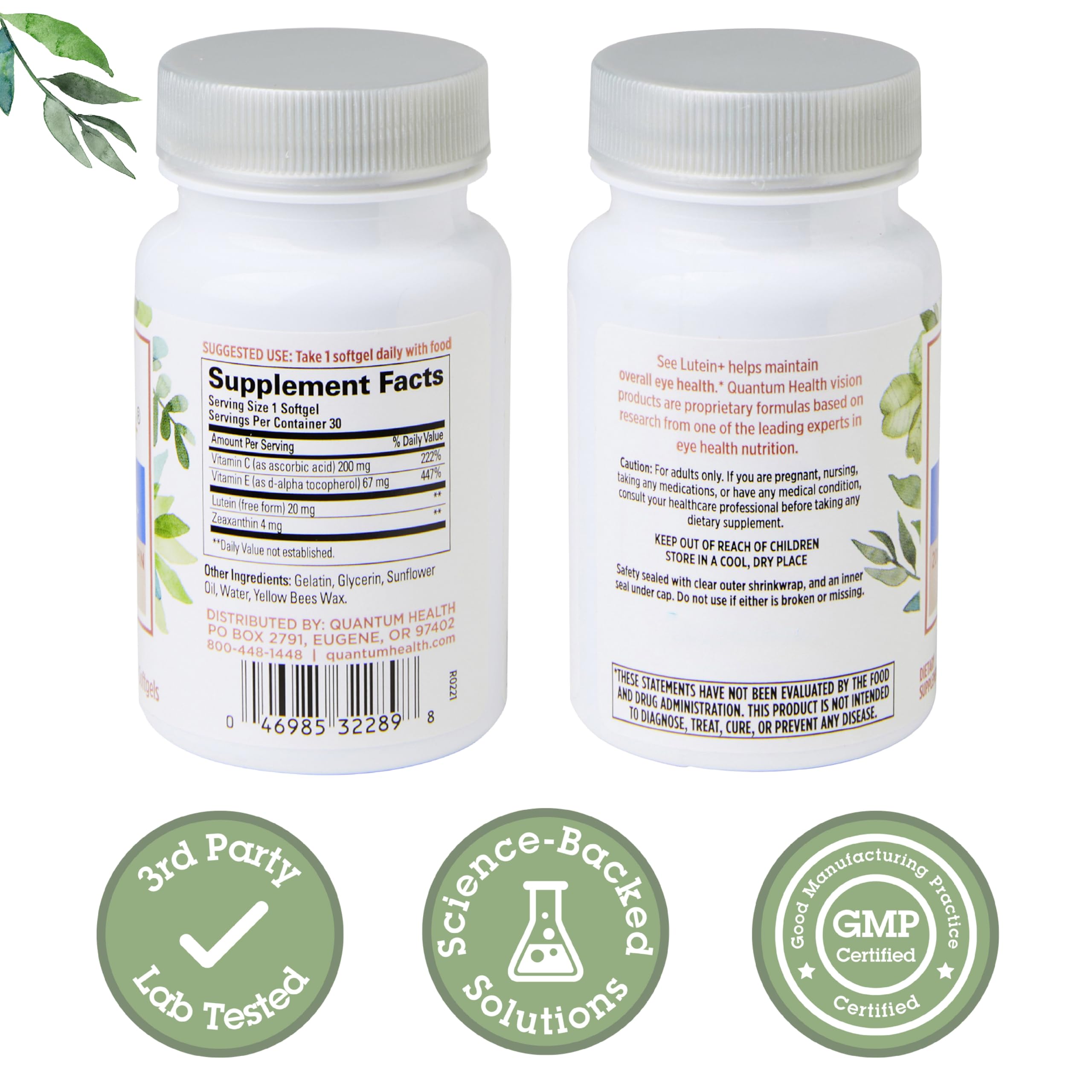 Quantum Health See Lutein+ etiqueta frontal destaca el perfil 5:1 luteína-zeaxantina.