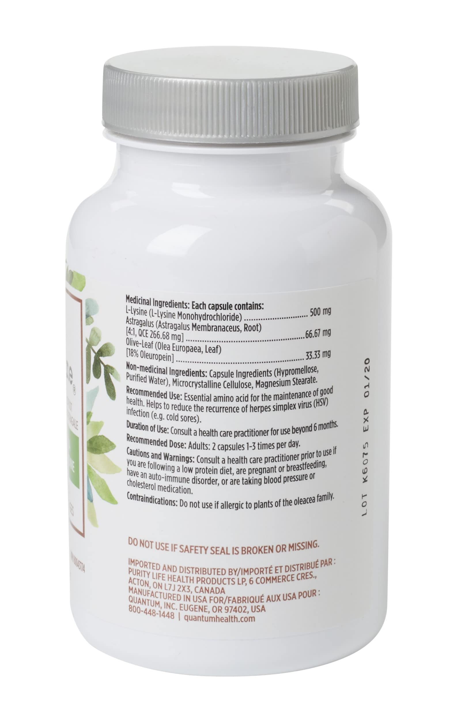 Quantum Health Super Immune+ cápsulas lisina hoja de olivo y astrágalo.
