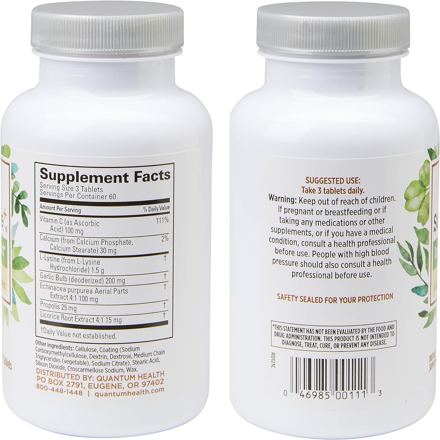 Quantum Health SuperLysine+ botella trasera: información de ingredientes y cuidado del producto