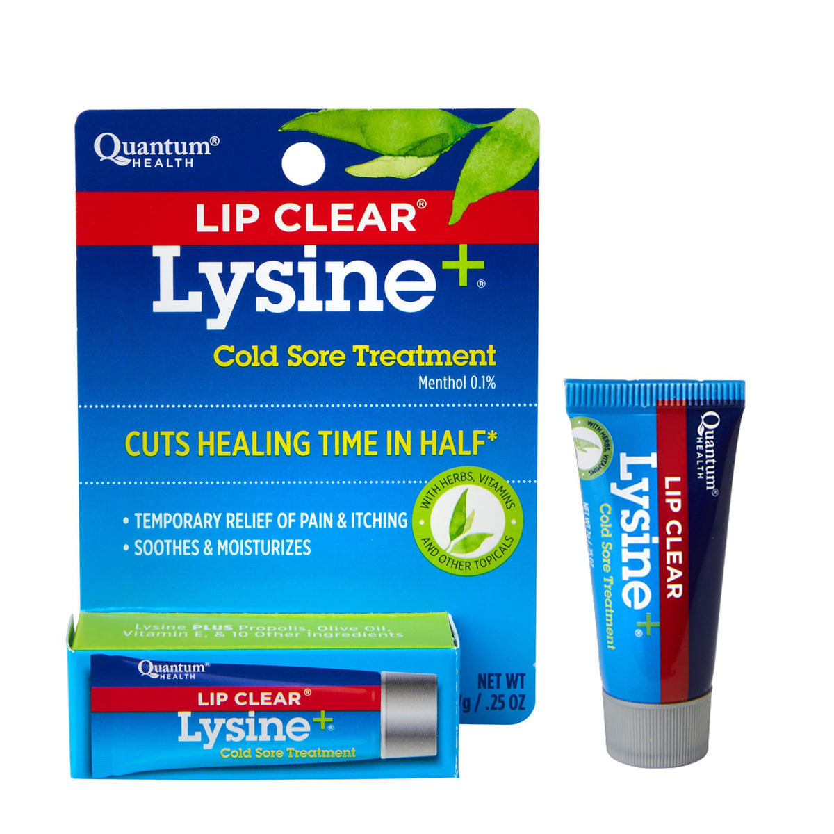 Quantum lisina-labios alivia el malestar con mentol; aplicación refrescante.