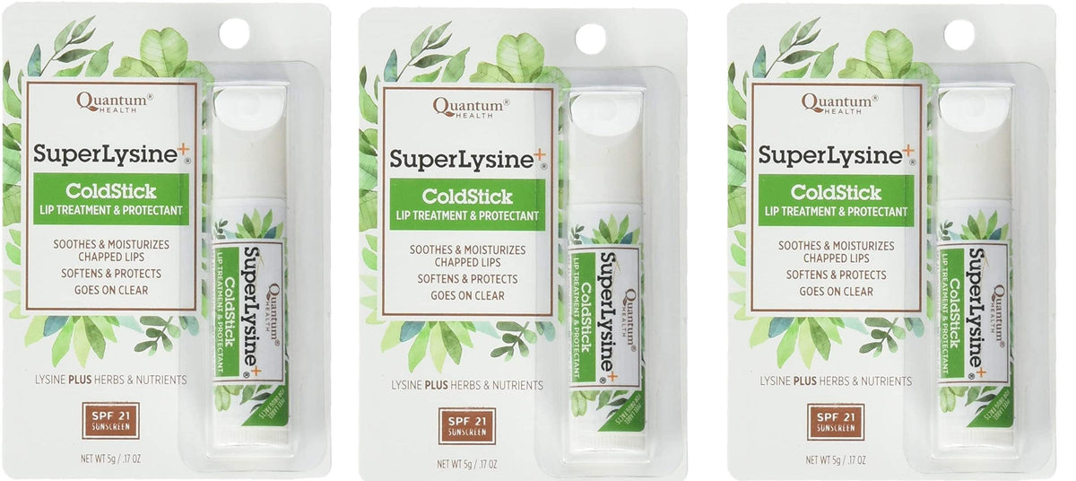 Quantum Lisina Plus ColdStick SPF 21 empaque con tres unidades protege labios durante todo el día