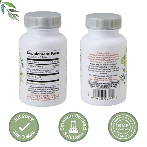 Quantum MigShield primer plano de tableta: fórmula con magnesio, riboflavina y CoQ10.