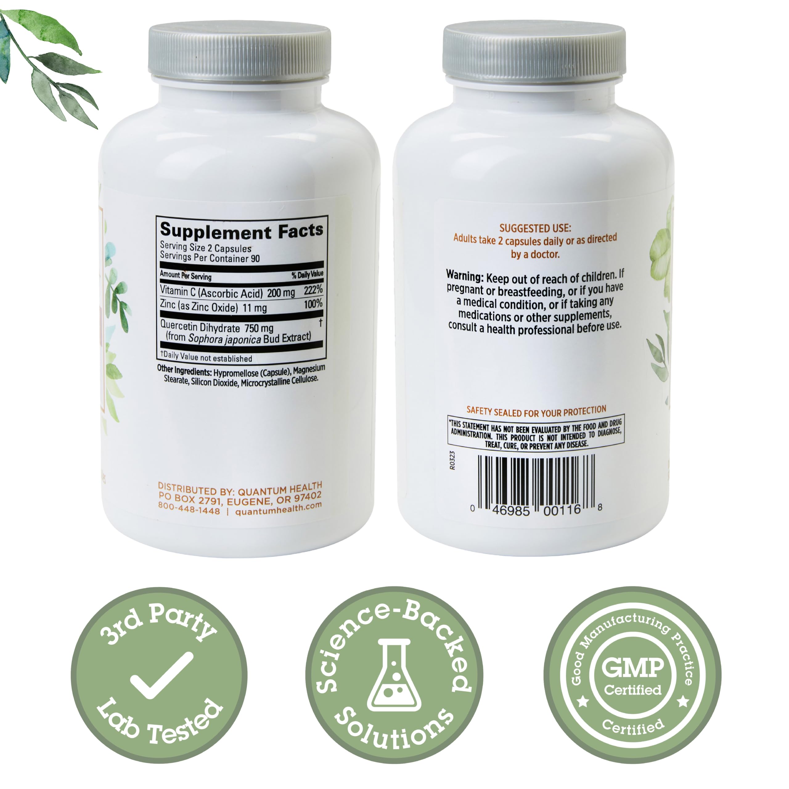 Quantum Quercetin+ 750mg: etiqueta frontal destacando vitamina C y zinc para defensa diaria