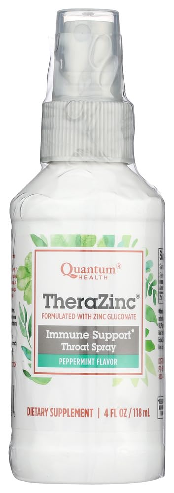 Quantum Thera Zinc Spray frente a la botella, experiencia refrescante para la garganta.