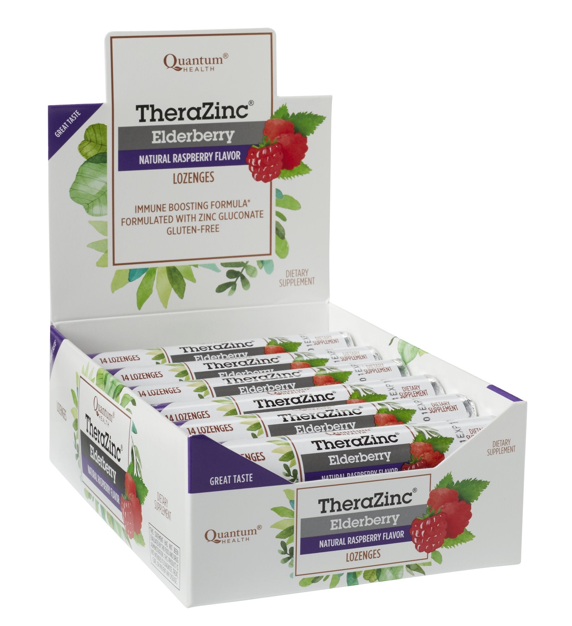 Empaque de 14 pastillas TheraZinc para uso diario práctico.