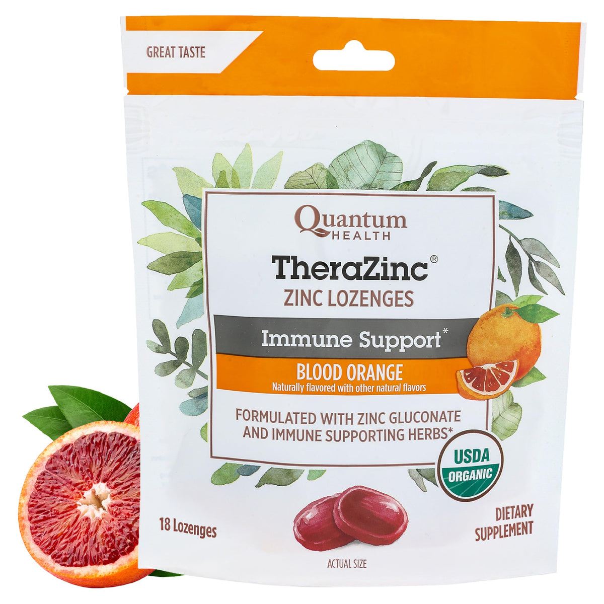 Quantum TheraZinc sabor naranja orgánico para apoyo inmune diario.