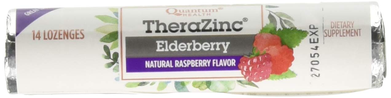 Quantum Zinc Elderberry frambuesa, pastilla para chupar con sabor agradable para uso diario.