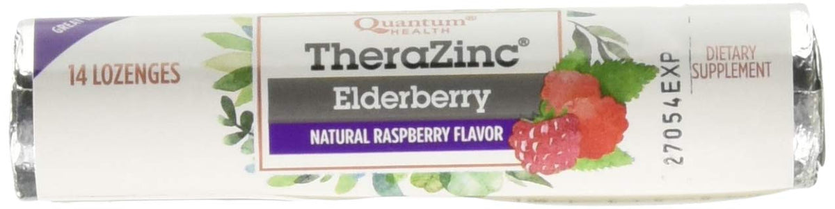Quantum Zinc Elderberry frambuesa, pastilla para chupar con sabor agradable para uso diario.