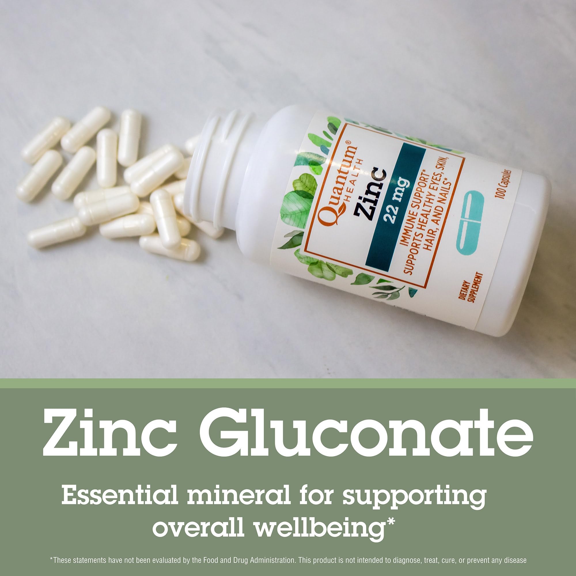 Quantum Zinc Gluconato 22mg cápsulas para dosis diaria conveniente.