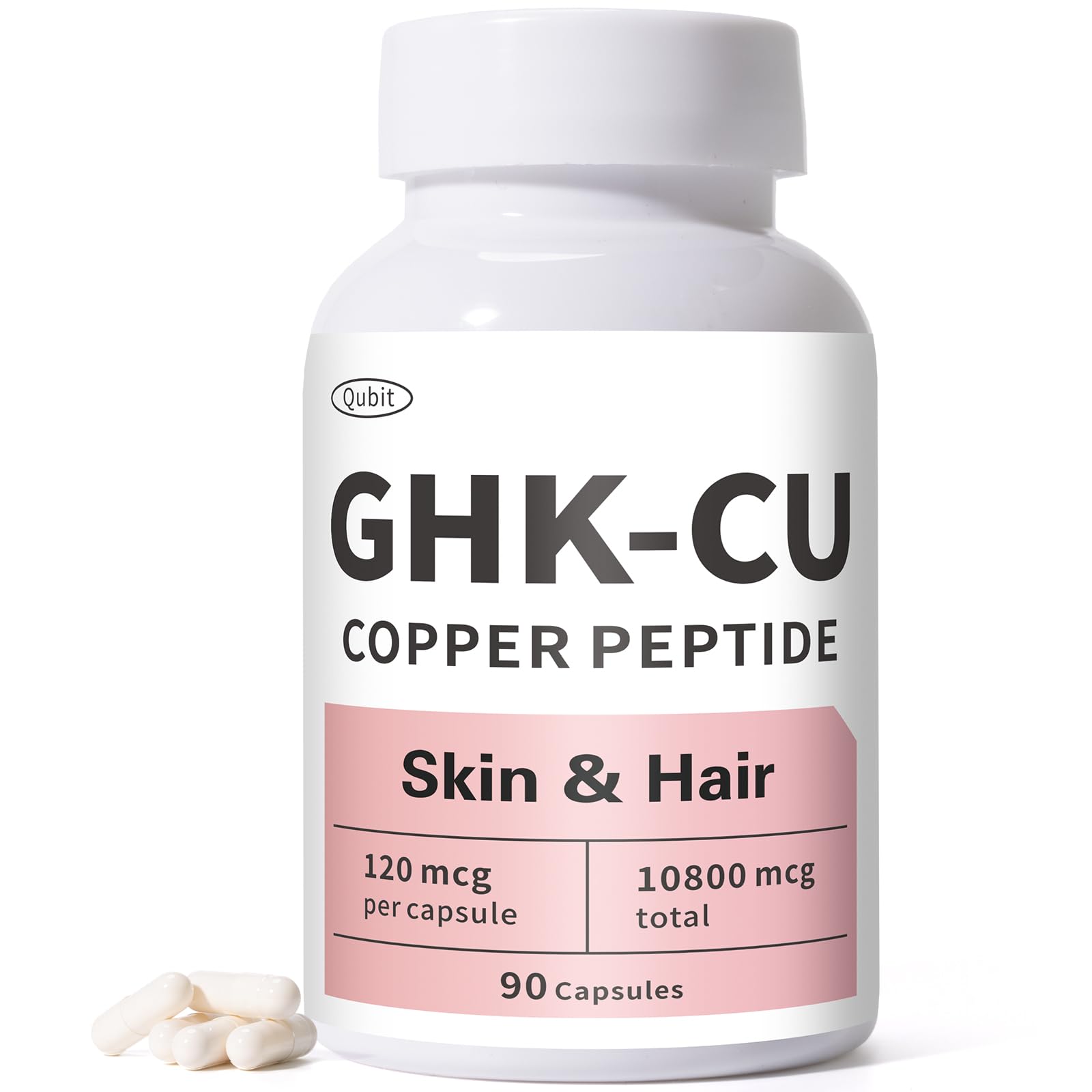 QUBIT GHK-Cu cápsulas en botella para cuidado diario de piel y cabello.