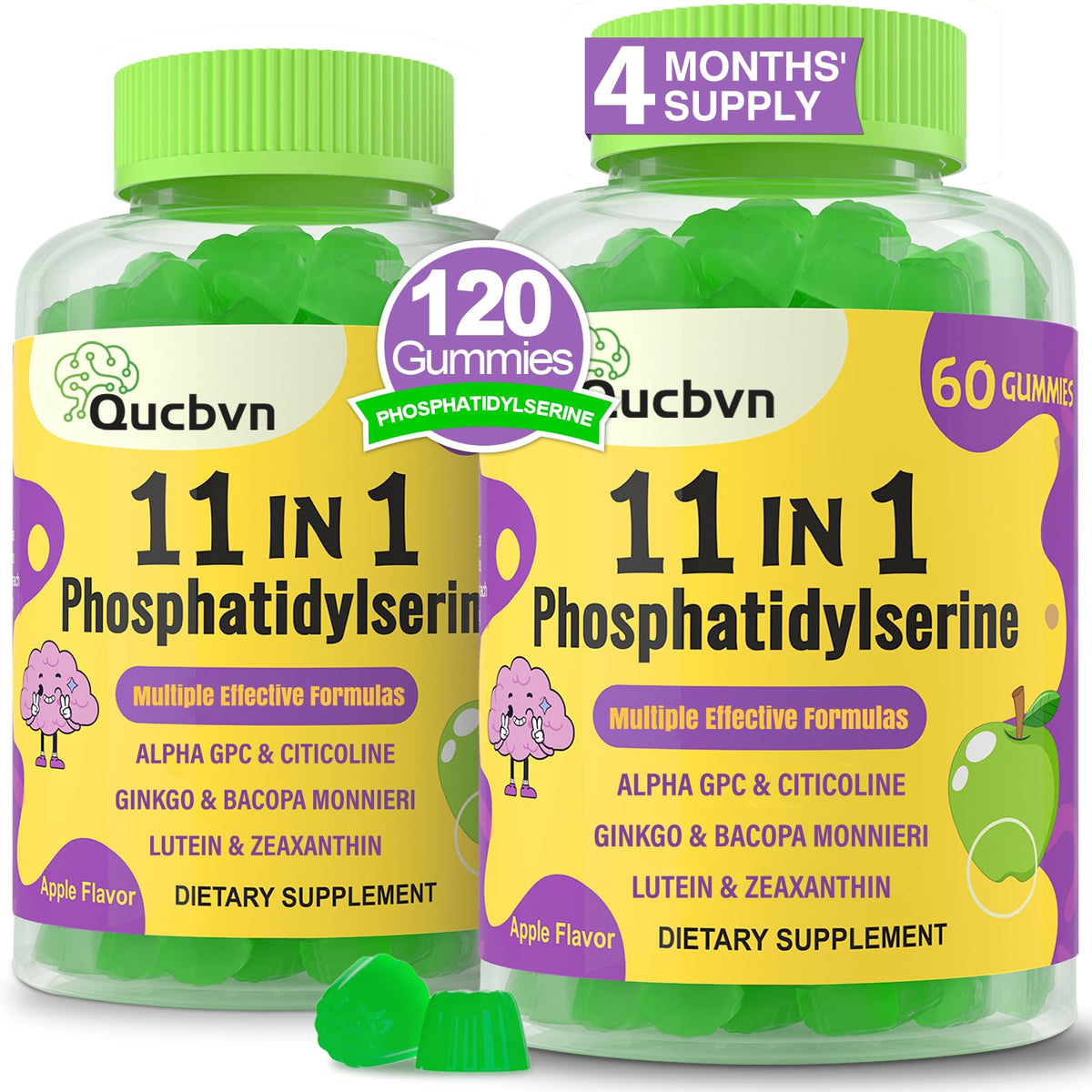 Qucbvn fosfatidilserina 600 mg, gomitas, apoyo para enfoque y memoria.