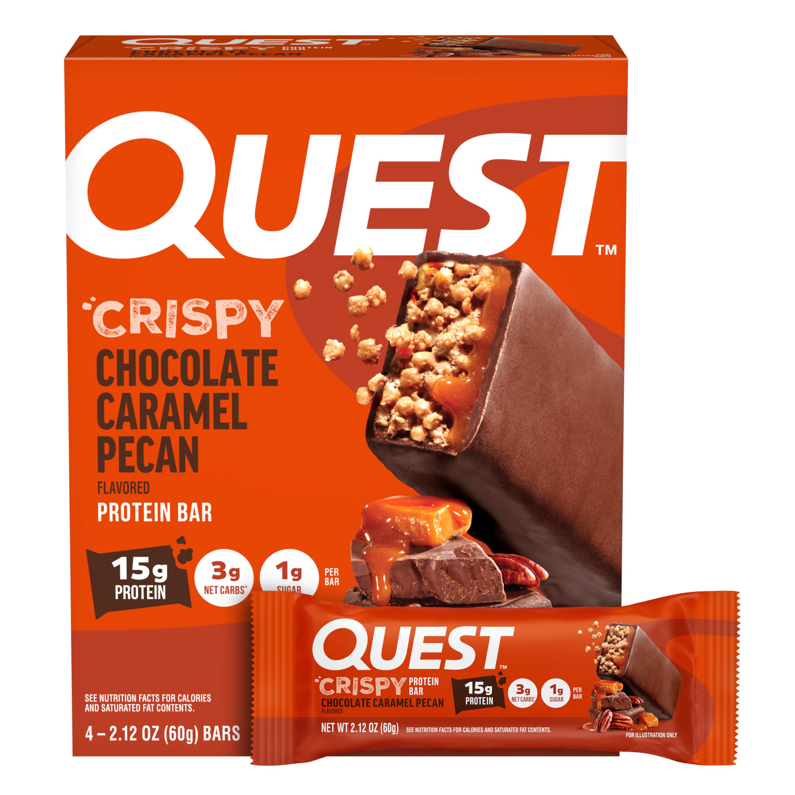 Barras Quest proteina crujiente con chocolate y caramelo, sabor indulgente.