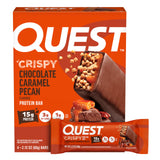 Barras Quest proteina crujiente con chocolate y caramelo, sabor indulgente.