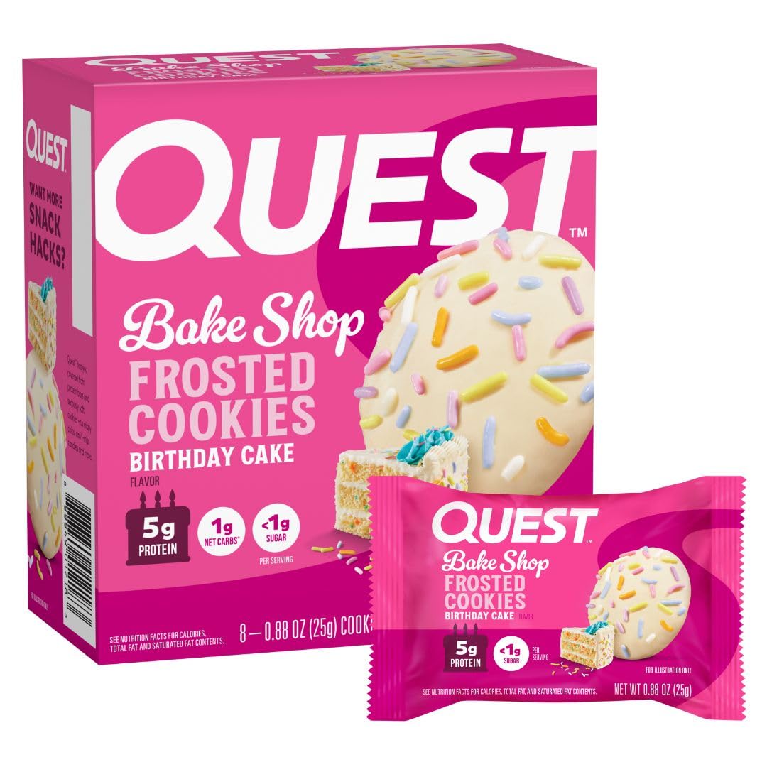 Quest galletas proteina glaseadas sabor pastel de cumpleaños, snack indulgente con bajo azúcar