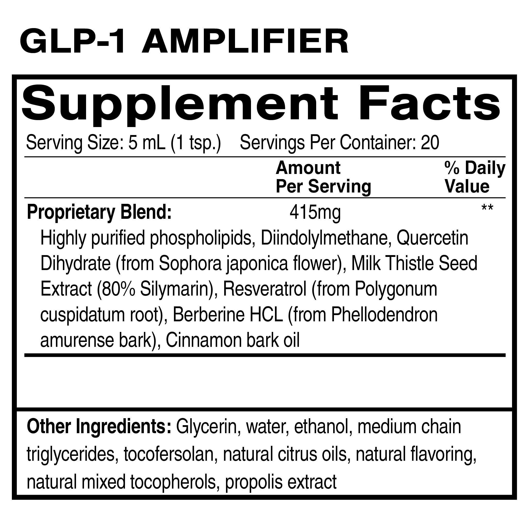 Quicksilver GLP-1 Amplificador, etiqueta cercana, apoya respuestas saludables y digestión pausada.