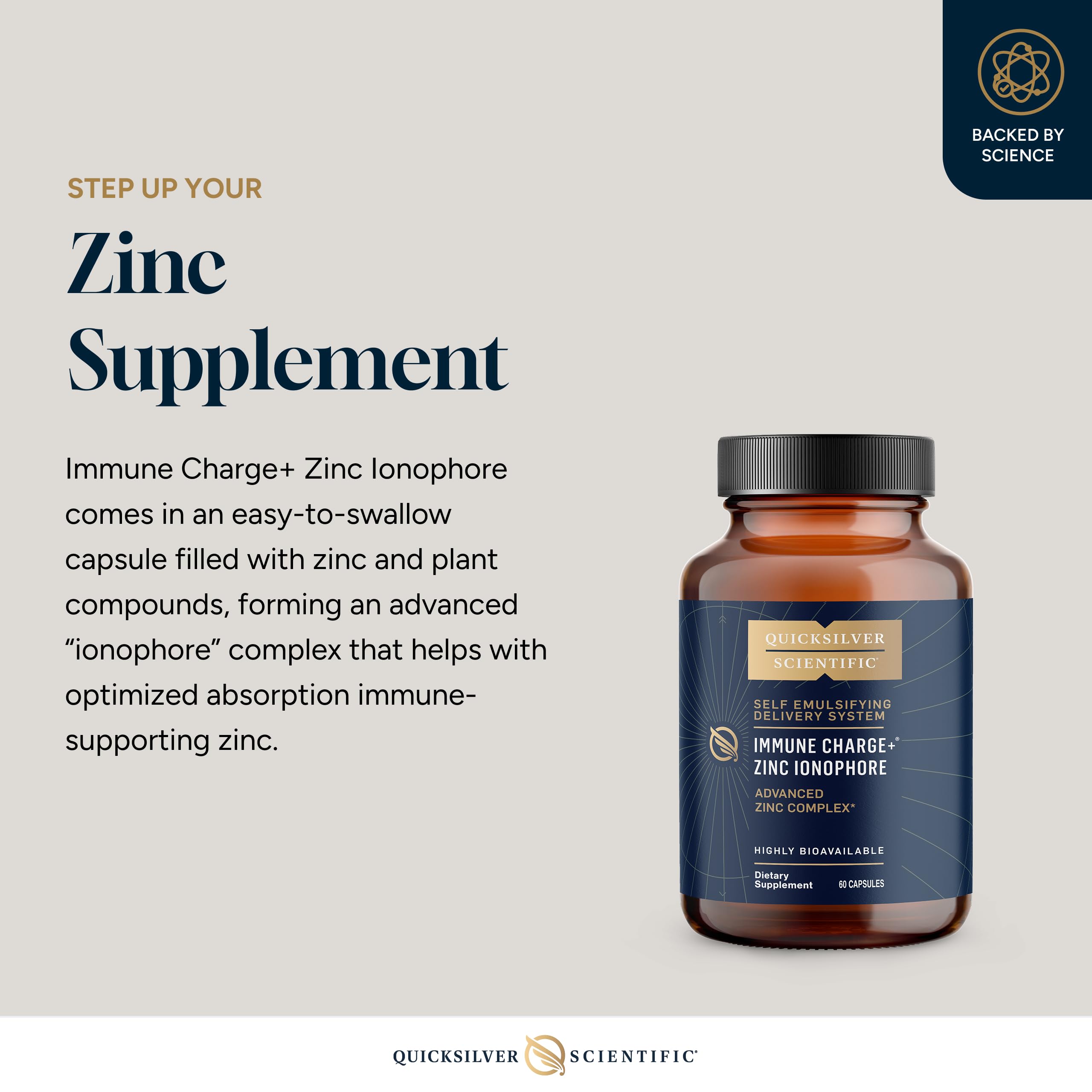Quicksilver Immune Charge+, etiqueta visible con información de ingredientes clave