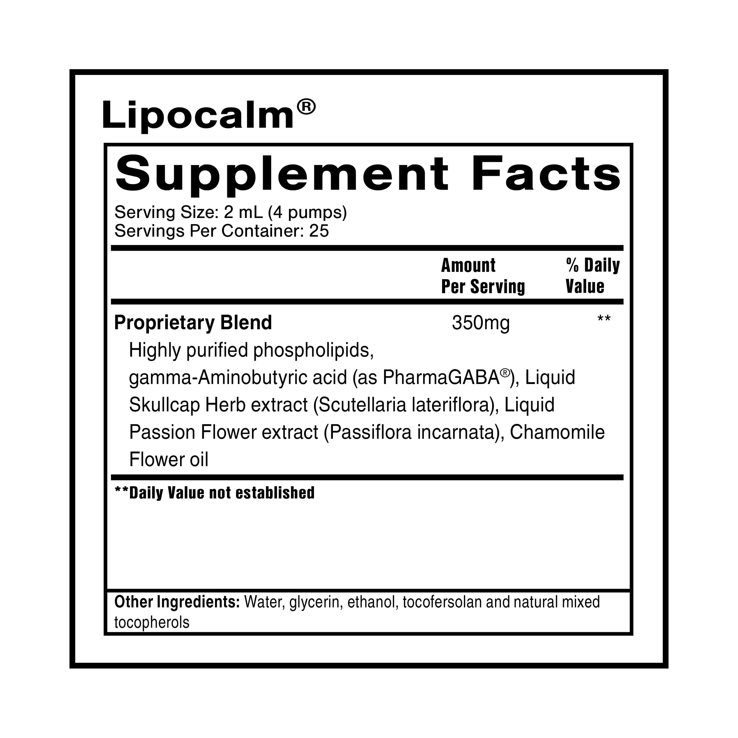 LipoCalm de Quicksilver, etiqueta detallada con lista de ingredientes.