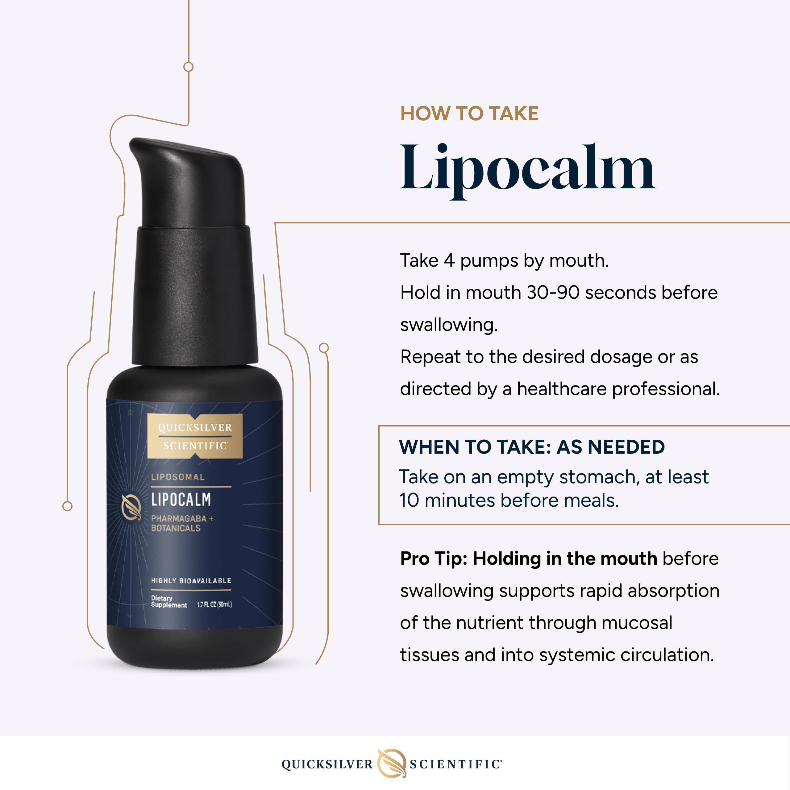 LipoCalm de Quicksilver, símbolo vegano, certificado libre de OGMs.