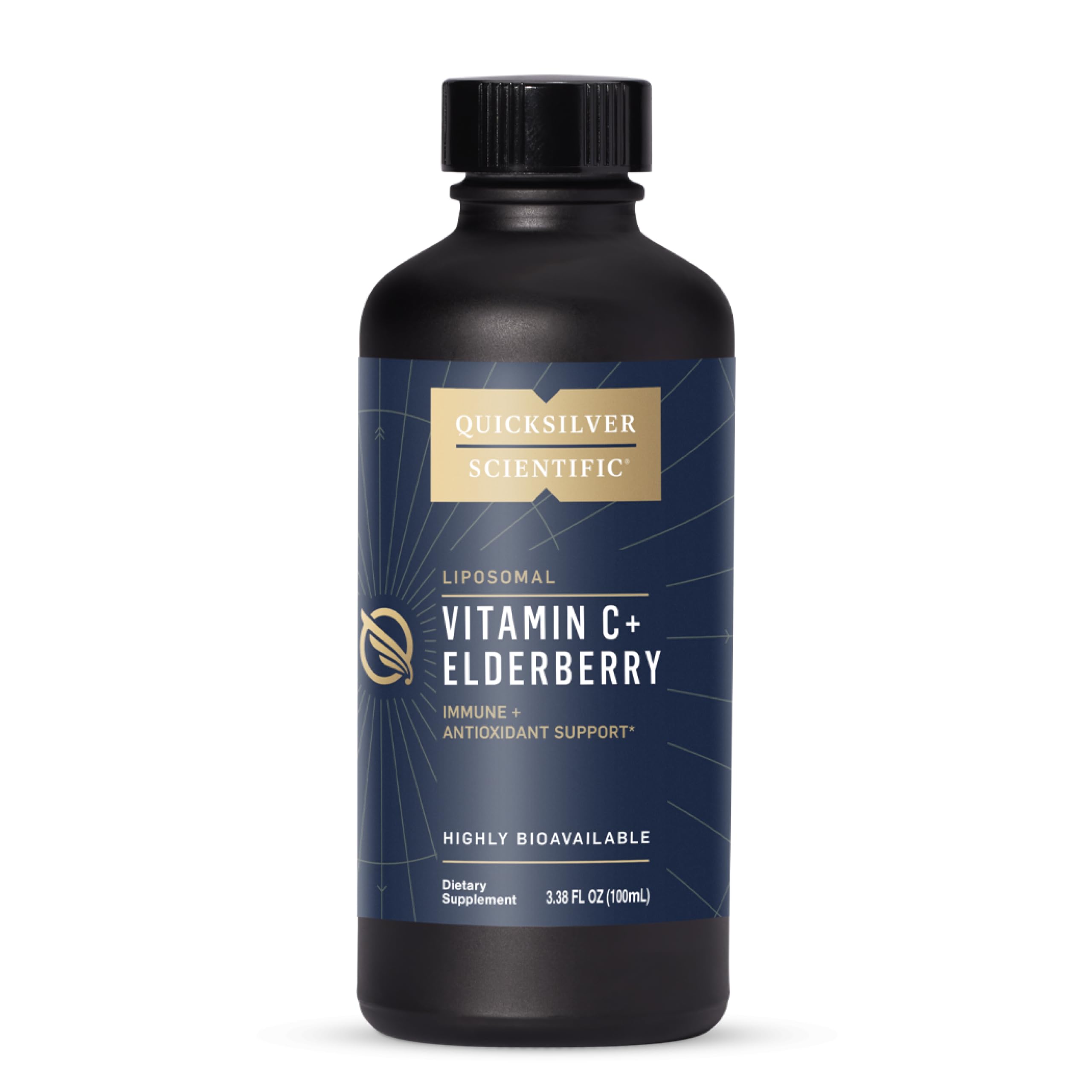 Quicksilver liposomal C+Sauco en botella para apoyo inmunitario diario.