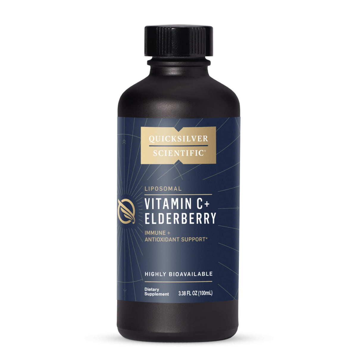 Quicksilver liposomal C+Sauco en botella para apoyo inmunitario diario.