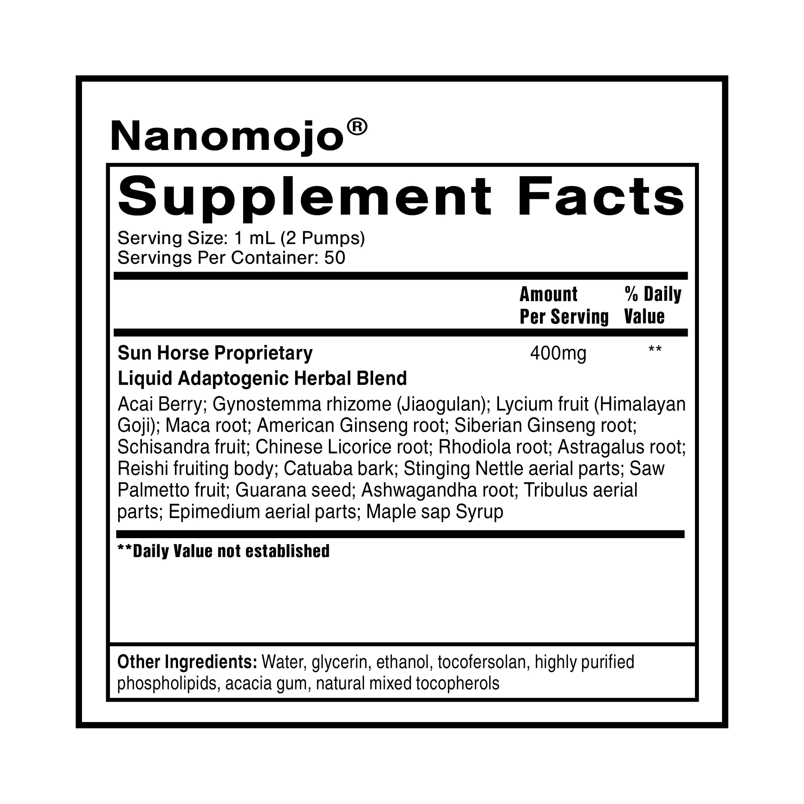 Quicksilver Nanomojo: vista del envase, fórmula liposomal de rápida absorción.