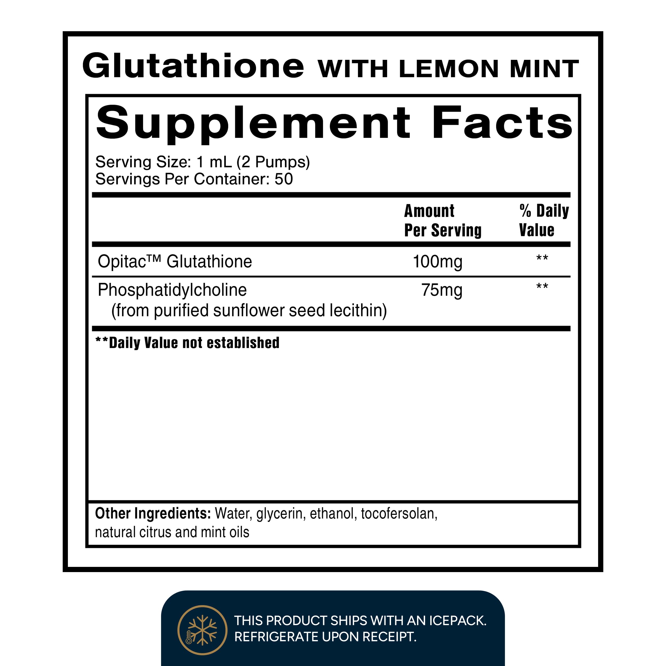 Etiqueta de Quicksilver Glutatión liposómico con detalles de ingredientes y beneficios
