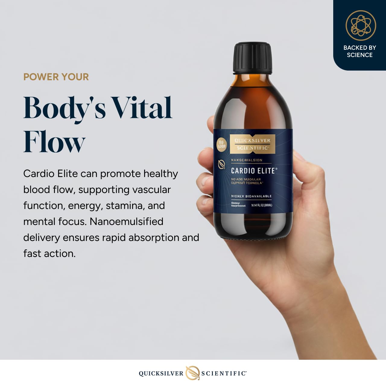 Cardio Elite de Quicksilver Scientific, ingredientes-clave visibles, posibles beneficios para la circulación y oxigenación.
