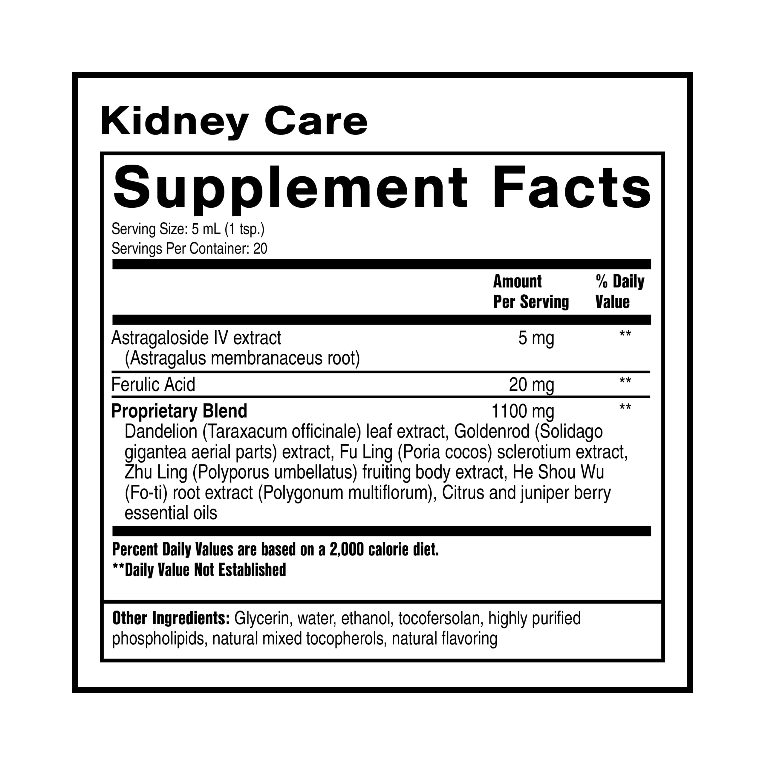 Quicksilver Scientific Kidney Care, etiqueta del producto, informa ingredientes clave para la salud renal.