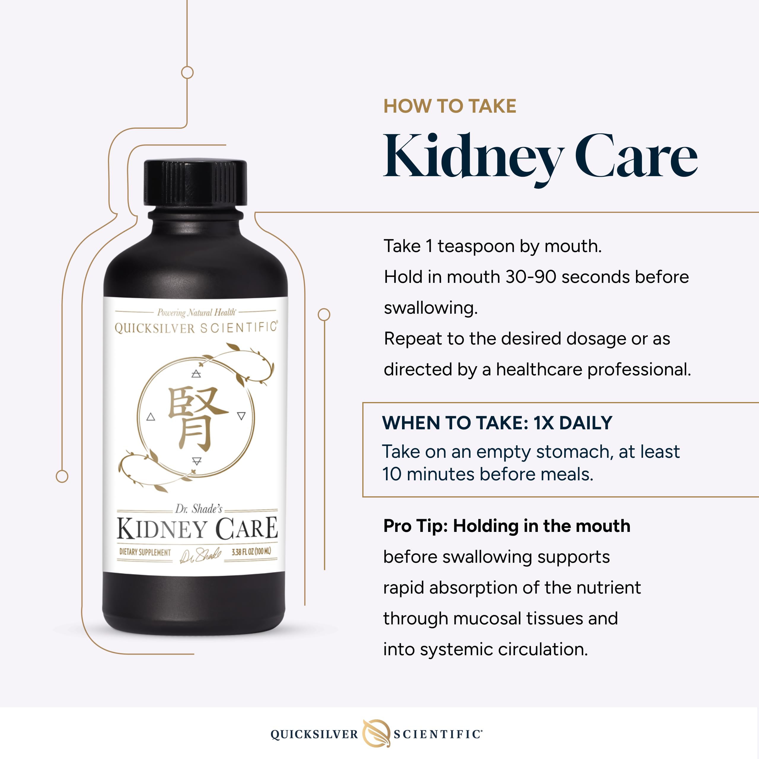 Quicksilver Scientific Detalle Frasco Cuidado Renal, primer plano muestra uso diario para drenaje suave.