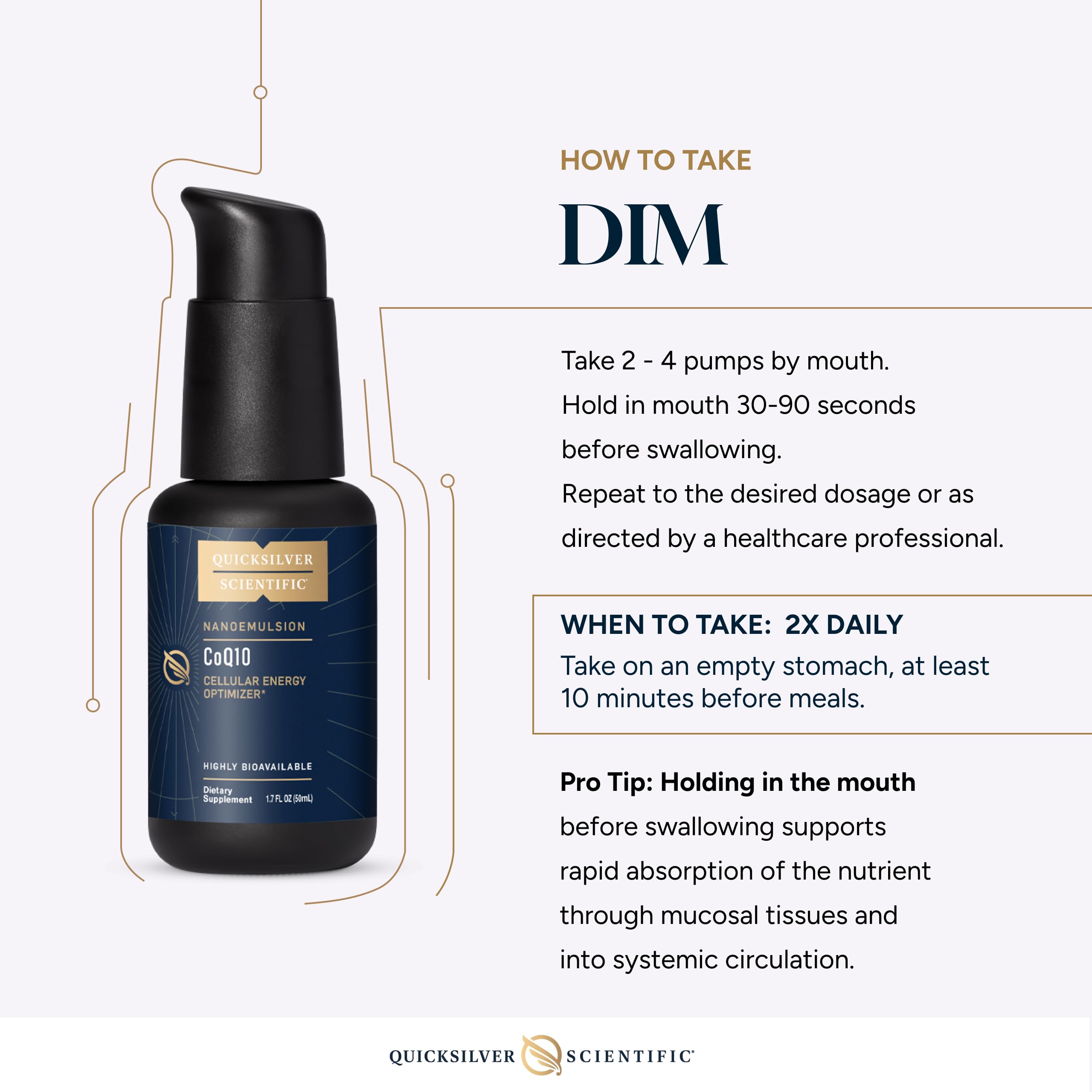 Presentación de 50 ml de Quicksilver Scientific Dim, fácil de incorporar.