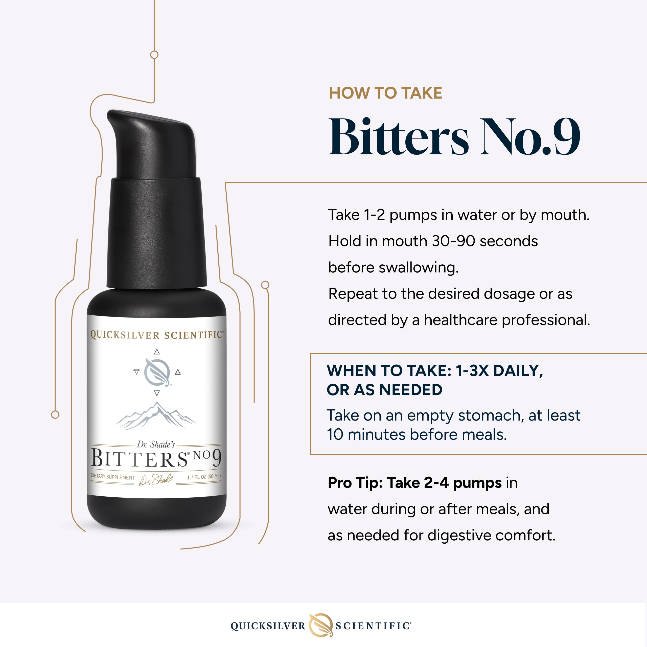 Quicksilver Scientific Dr. Shade's Bitters No. 9, ambiente de cocina, ritual suave para digestión.