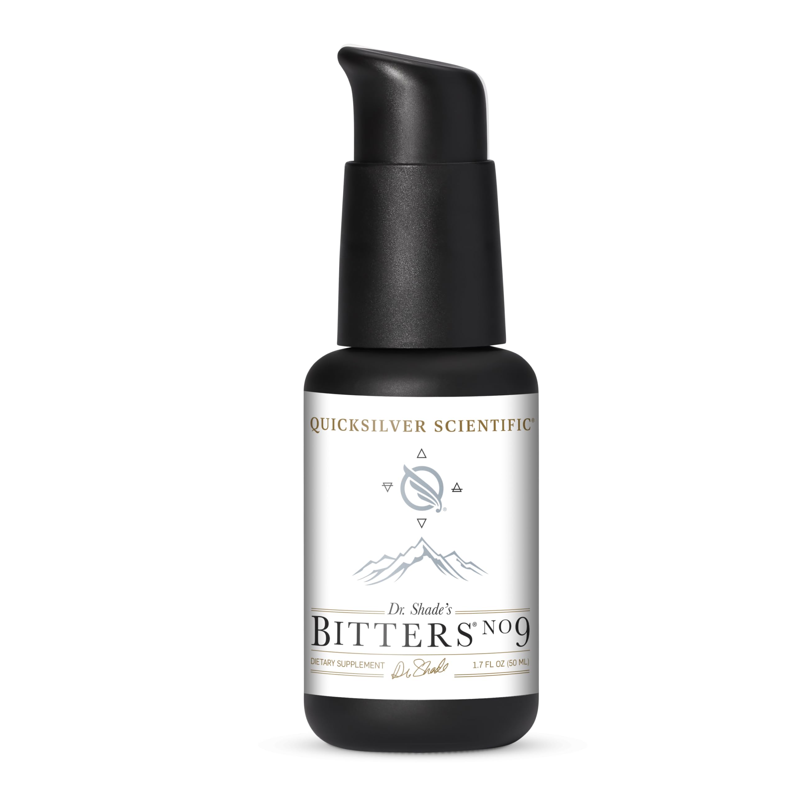 Quicksilver Scientific Dr. Shade's Bitters No. 9, botella vertido, apoyo digestivo suave.
