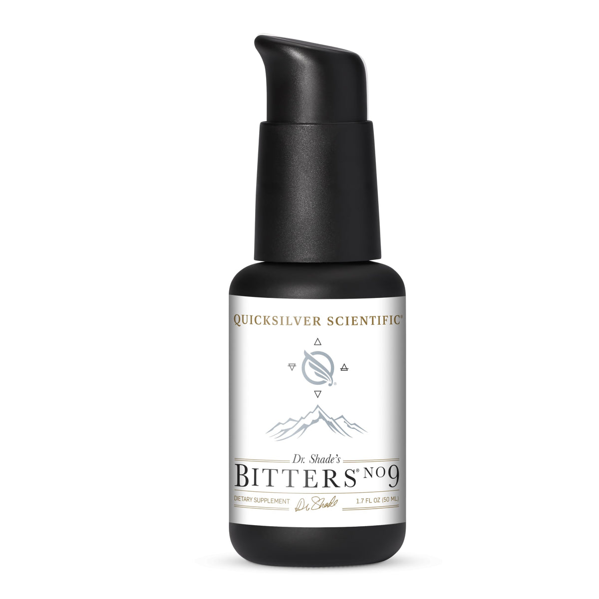 Quicksilver Scientific Dr. Shade's Bitters No. 9, botella vertido, apoyo digestivo suave.
