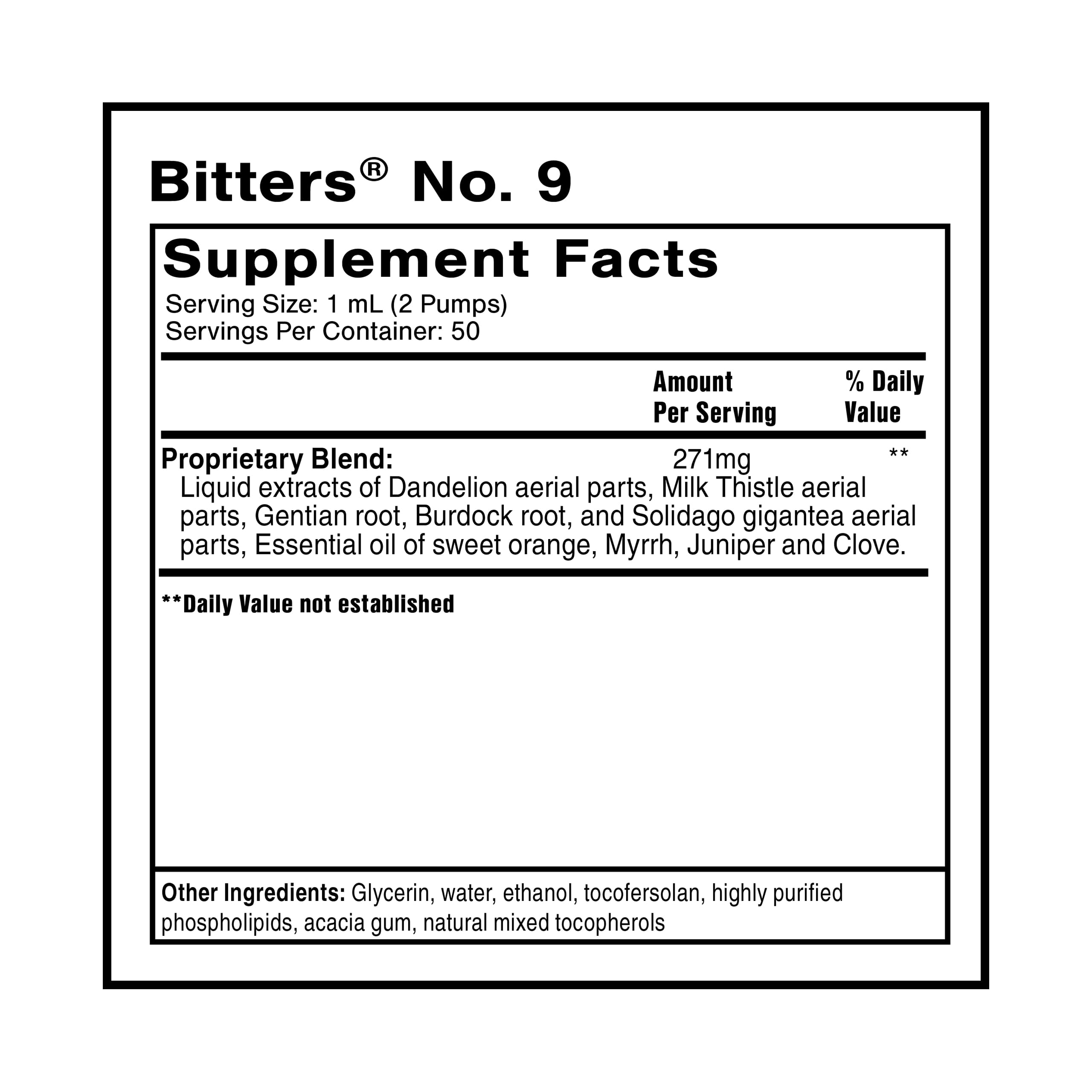 Quicksilver Scientific Dr. Shade's Bitters No. 9, etiqueta frontal, aroma cítrico para bienestar.