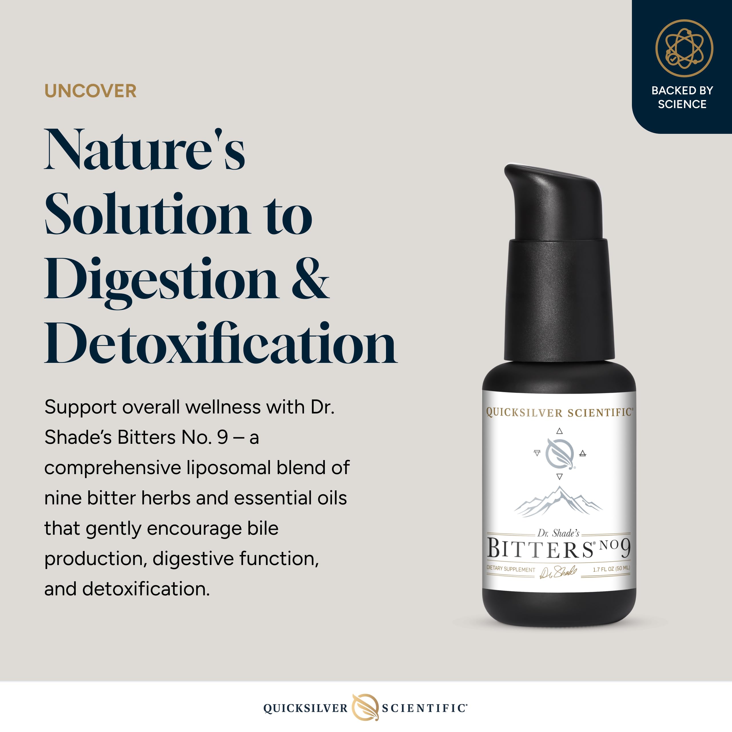 Quicksilver Scientific Dr. Shade's Bitters No. 9, tapa cierre, uso previo a la comida.