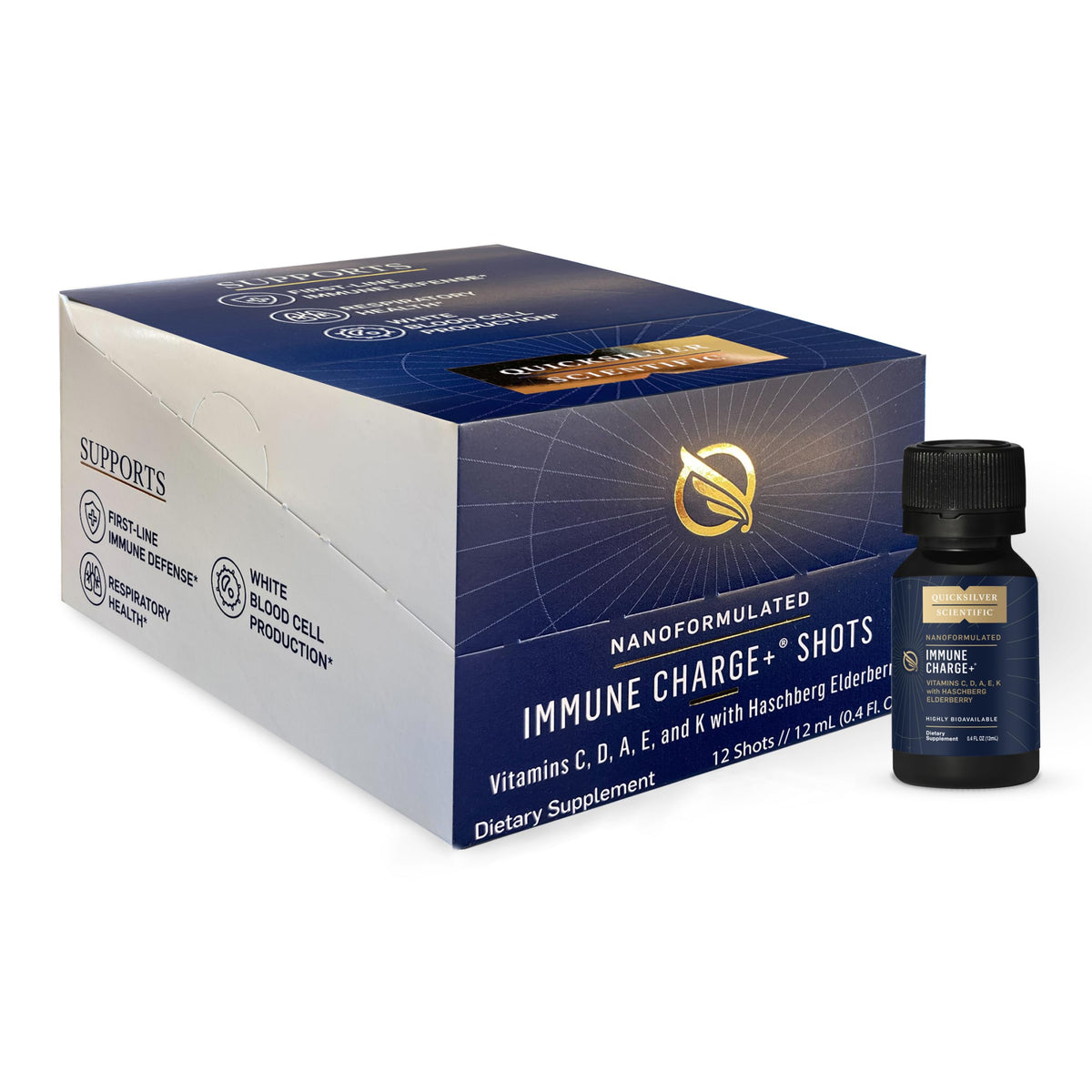 Quicksilver Scientific Immune Charge, botella visible, ingesta rápida para cuidado diario.