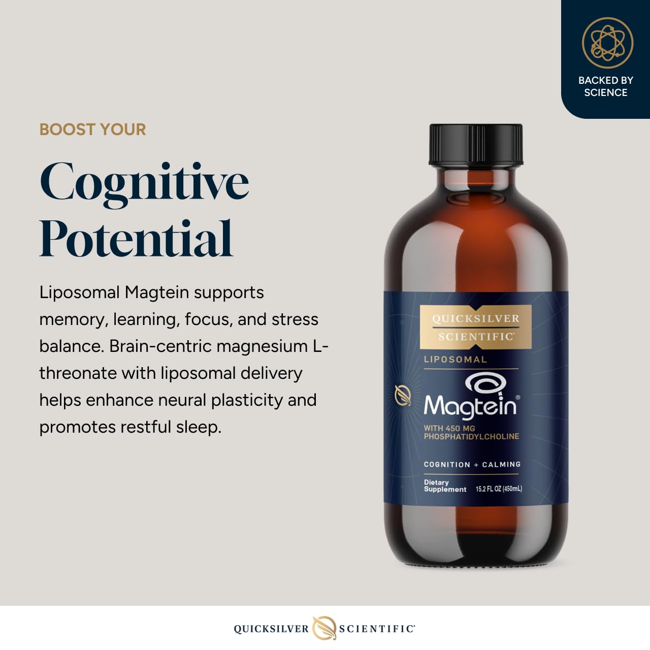 Quicksilver Scientific Liposomal Magtein, fosfatidilcolina clave, apoyo a membranas neuronales y neurotransmisión saludable.