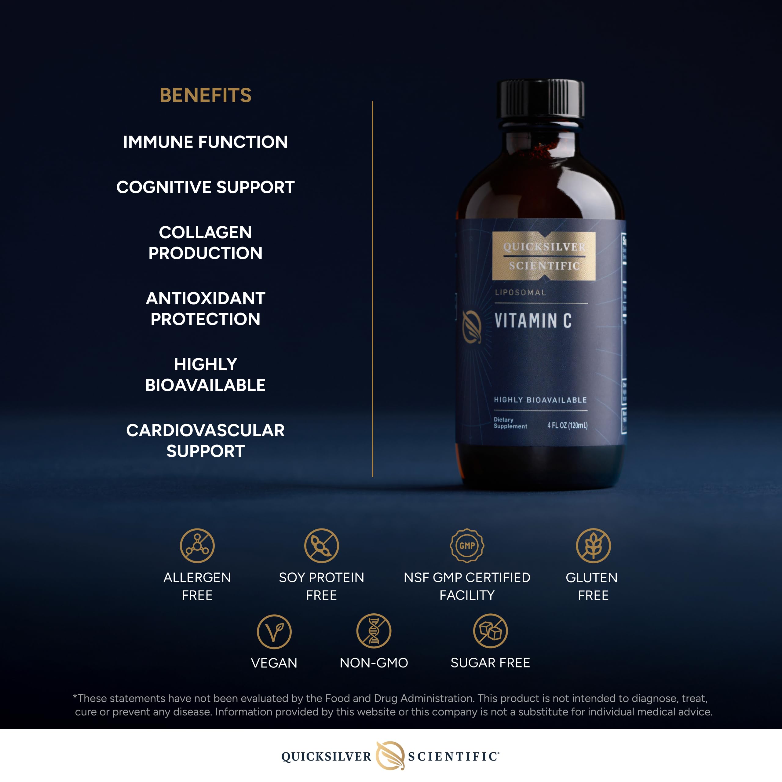 Quicksilver Scientific Vitamina C liposómica, consistencia transparente que indica liposomas pequeños para mejor absorción.