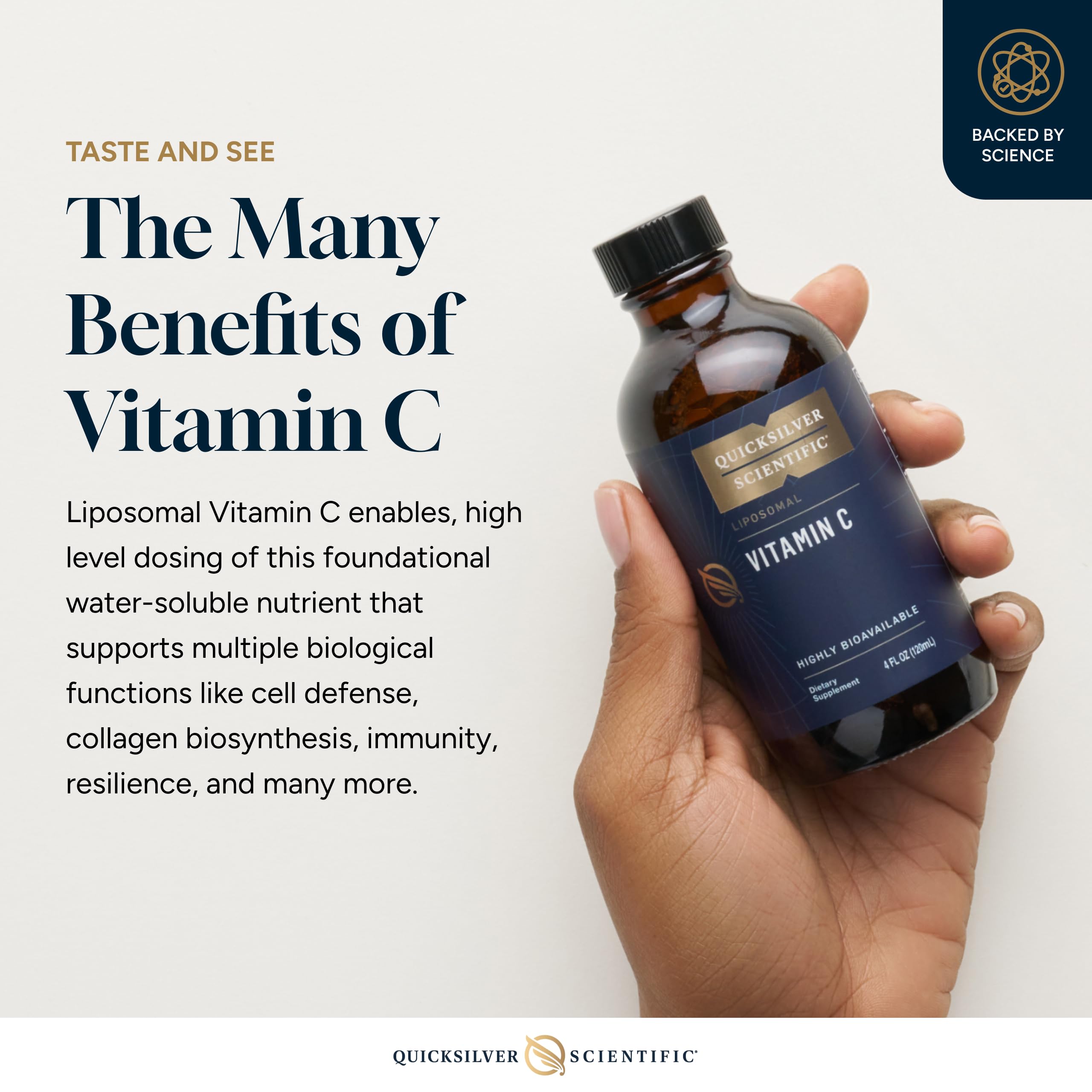 Quicksilver Scientific Vitamina C liposómica, etiqueta detallada y lista de ingredientes vegana.