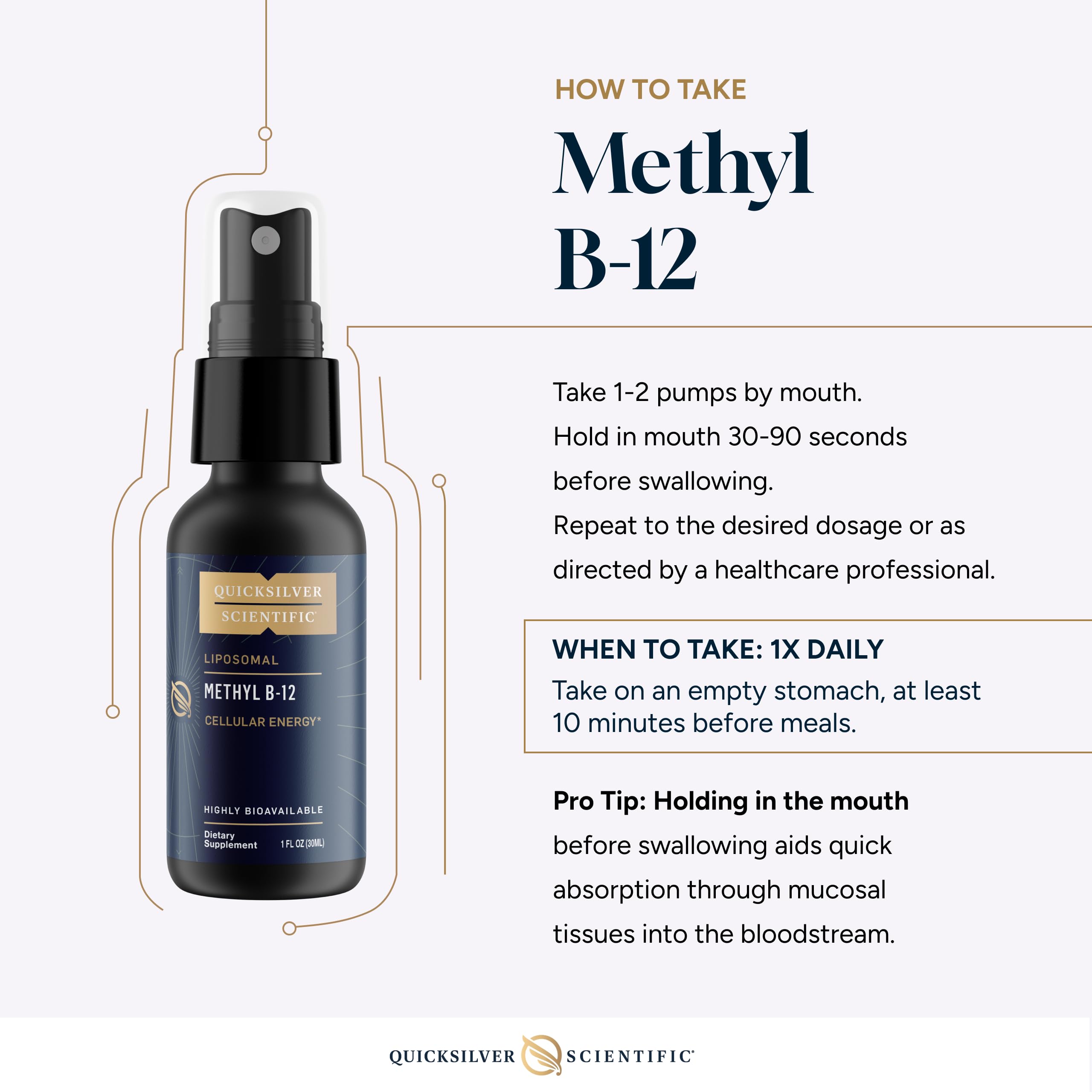 Quicksilver Scientific Methyl B12-1000mcg, uso diario sencillo para apoyar energía.