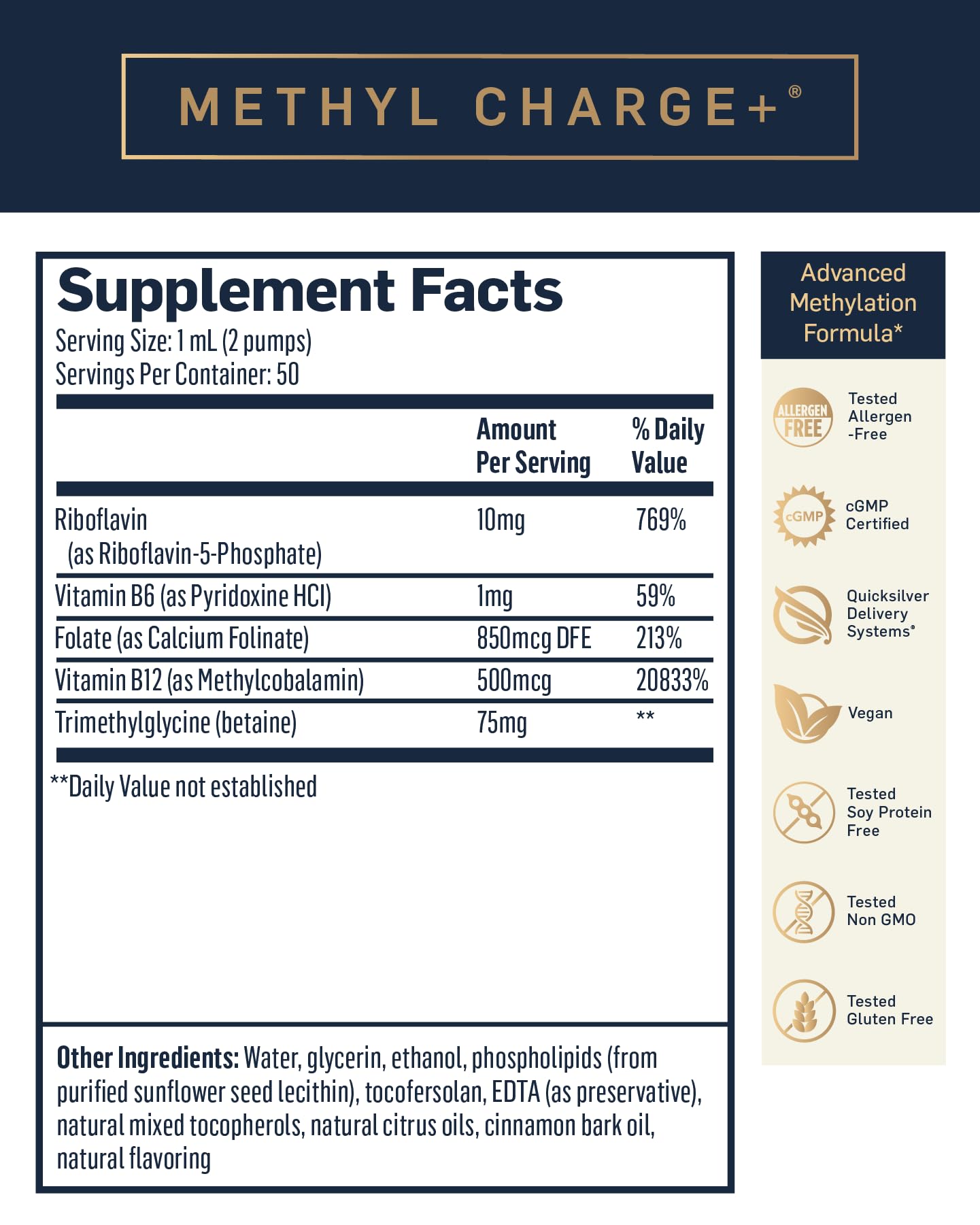 Quicksilver Scientific Methyl Charge, uso diario en formato líquido vegano.