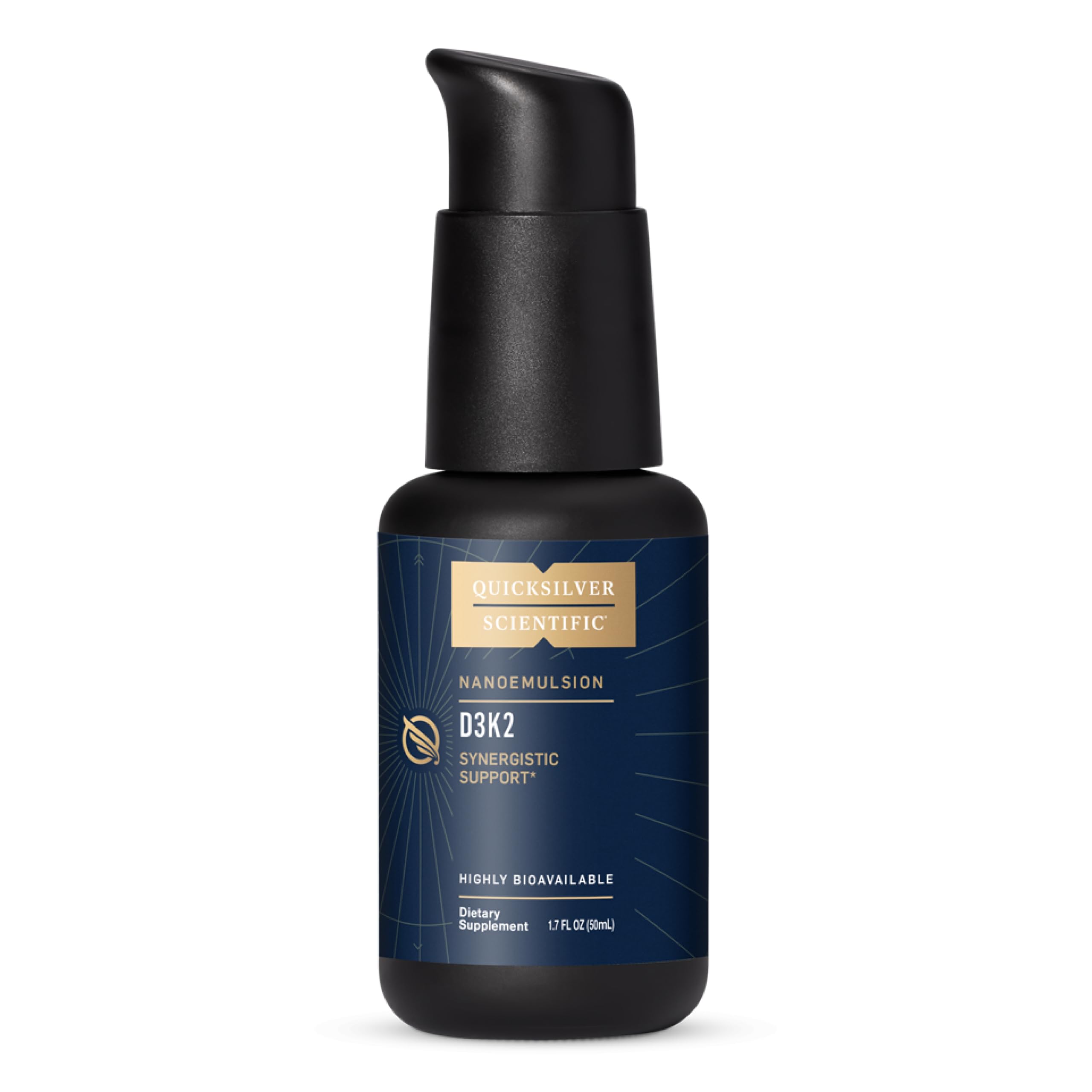 Quicksilver Scientific Nanoemulsified D3K2 bottle with pump enables easy dosing and absorption.