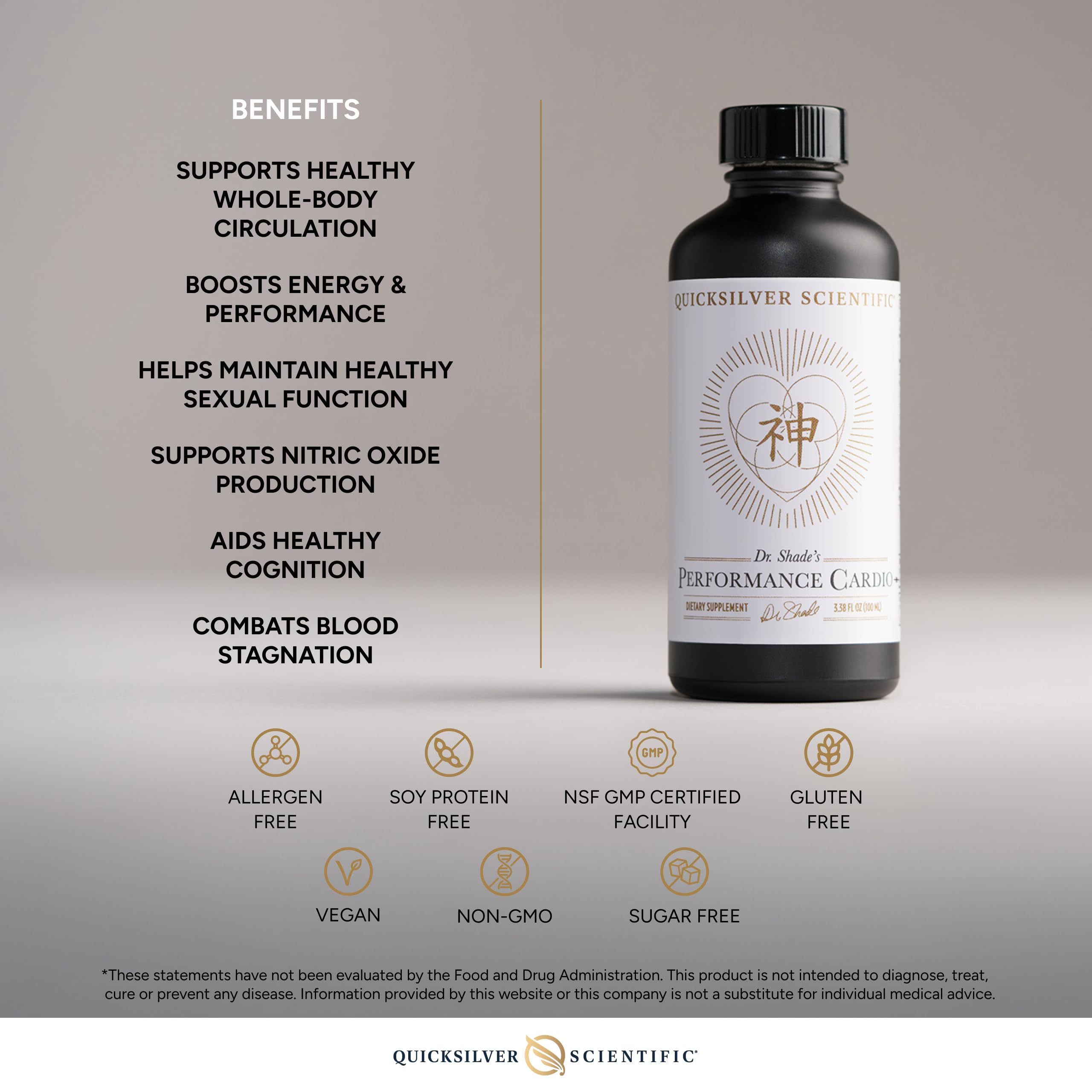 Quicksilver Scientific Performance Cardio+ frasco oscuro protege ingredientes activos.