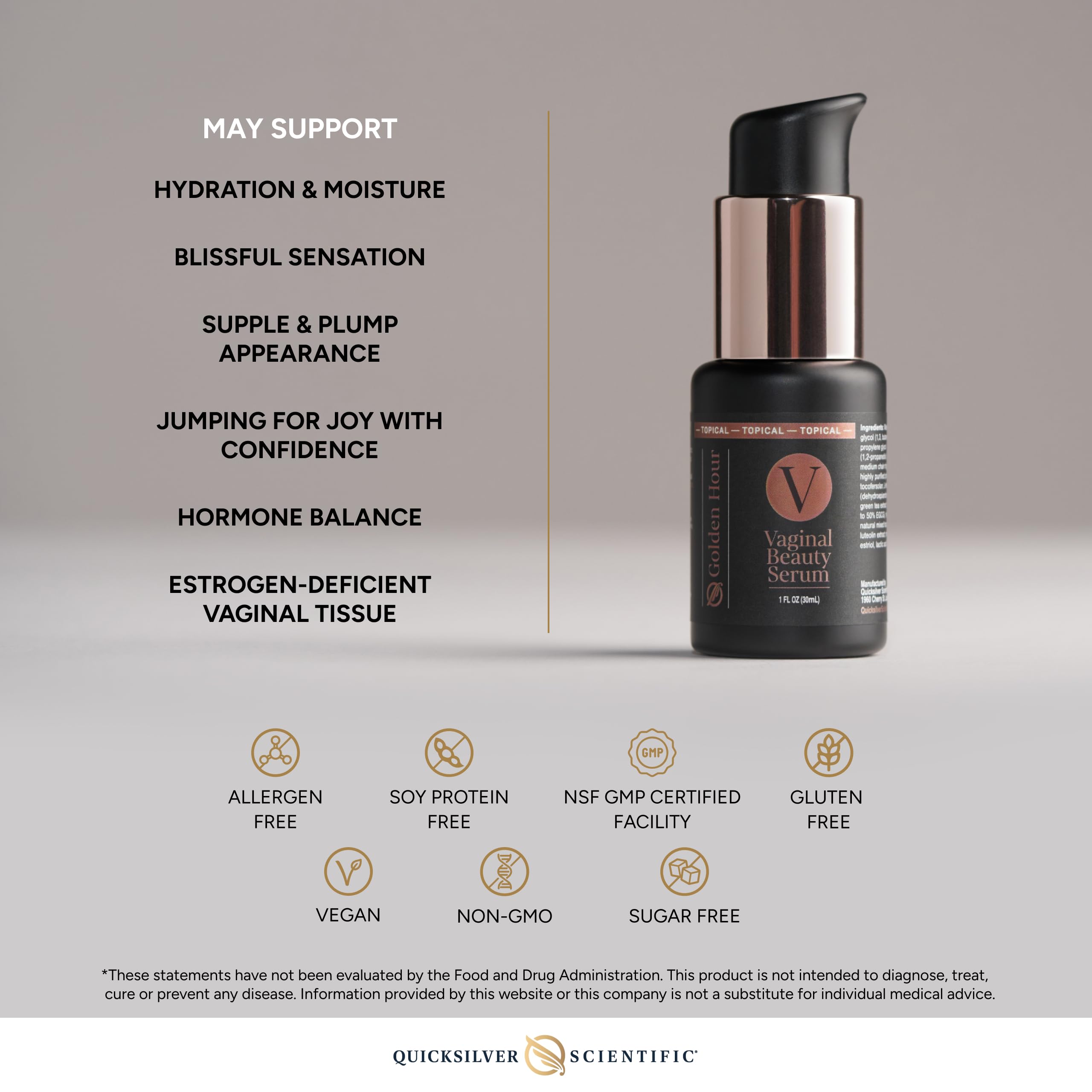 Quicksilver Scientific Serum Vaginal, envase y caja para uso higiénico.