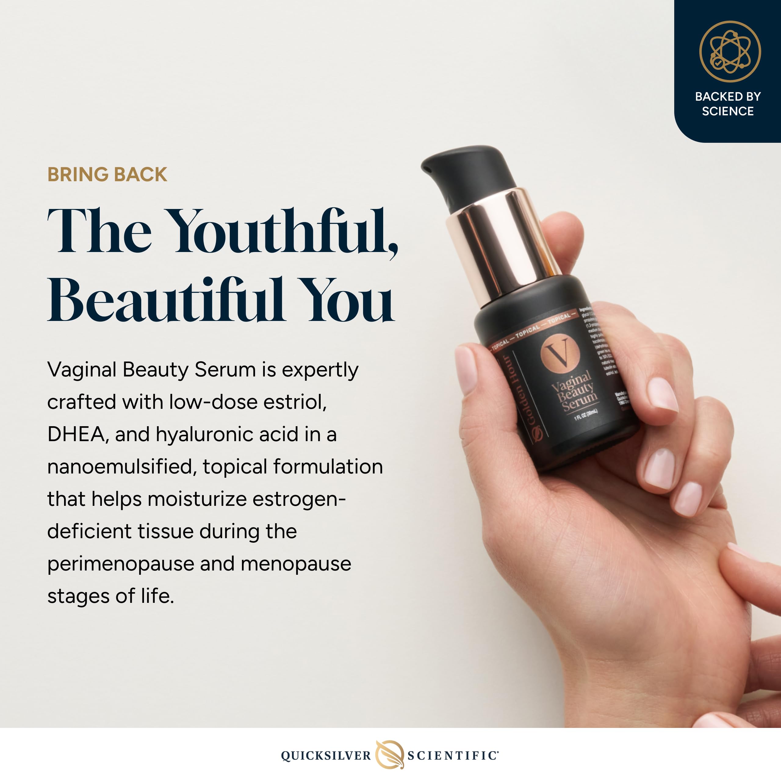 Quicksilver Scientific Serum Vaginal, textura nanoemulsion para experiencia suave.