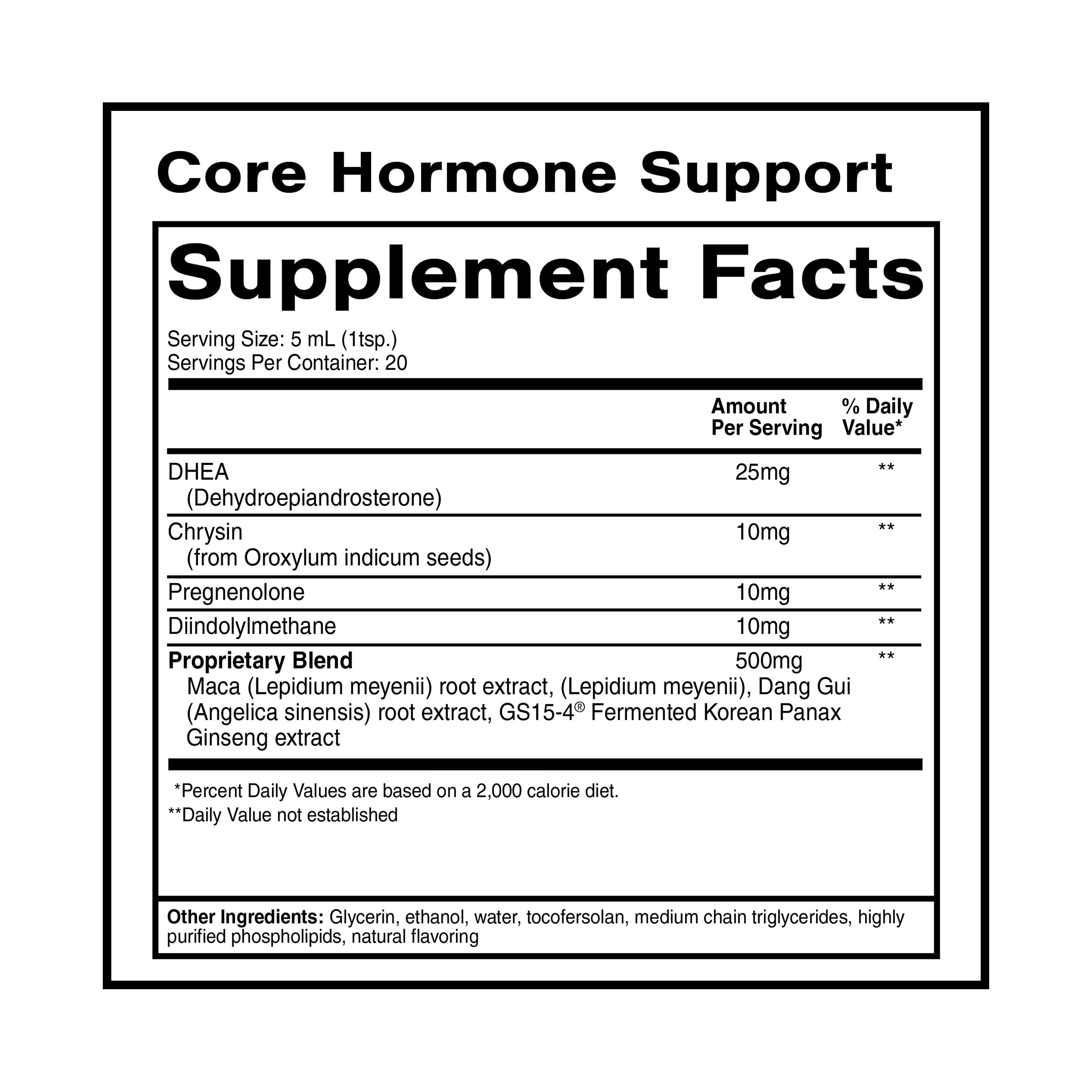 Quicksilver Scientific Core Hormone Support, etiqueta frontal, lectura rápida de ingredientes para comparar.
